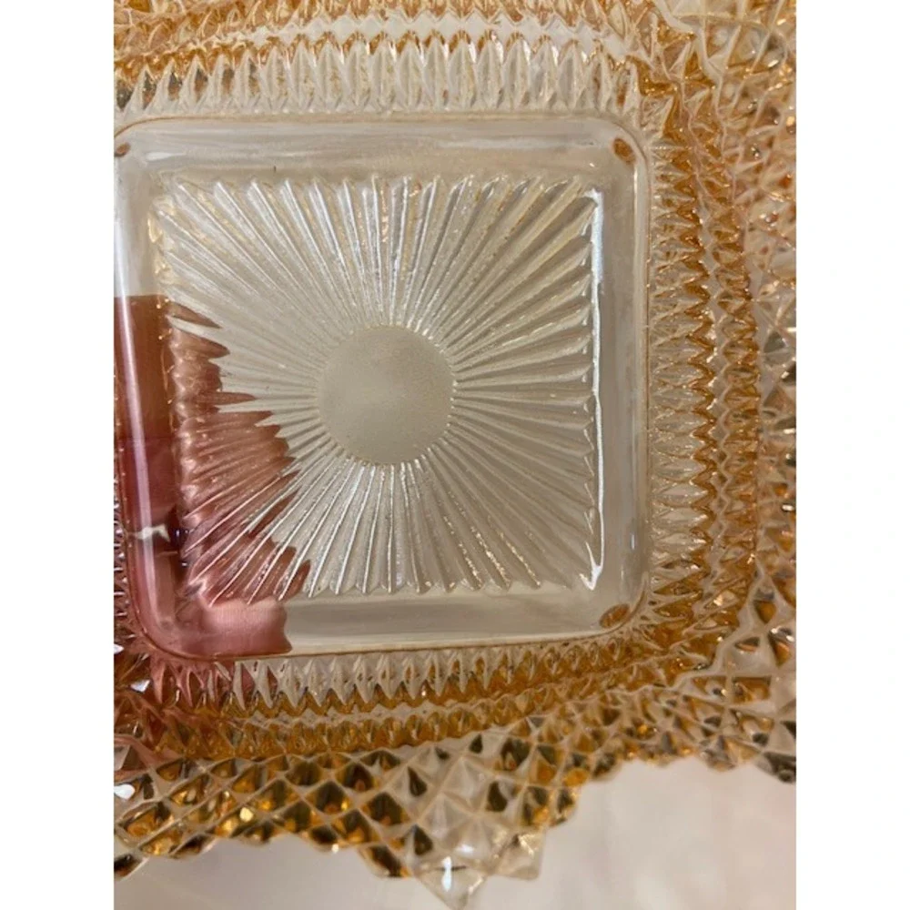 Vintage Amber Marigold Carnival Glass Square Bowl Diamond Point Sawtooth 6.75